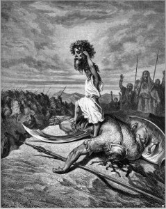 David brandissant la tête de Goliath, illustration de Gustave Doré