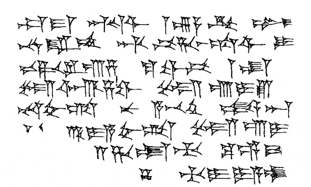 Exemple d'écriture cunéiforme qui possédait des centaines de symboles, avec 30 ou plus variantes (Wikimédia Commons)