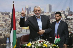 Senior Hamas leader Ismail Haniyeh gestures before delivering a farewell speech for his former position as a Hamas government Prime Minister, in Gaza City