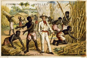 'Compagnie des antilles. Recolte de la canne a sucre'. Esclaves et proprietaire de plantation de canne a sucre aux Antilles francaises. Plantation de Canne a Sucre aux Antilles. Chromo fin 19eme. Credit : Collection KHARBINE-TAPABOR.